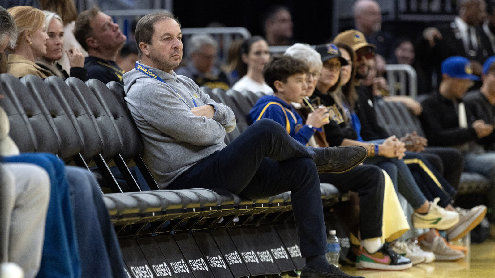Golden State Warriors owner Joe Lacob watches his team take on the Atlanta Hawks during the third quarter at the Chase Center.