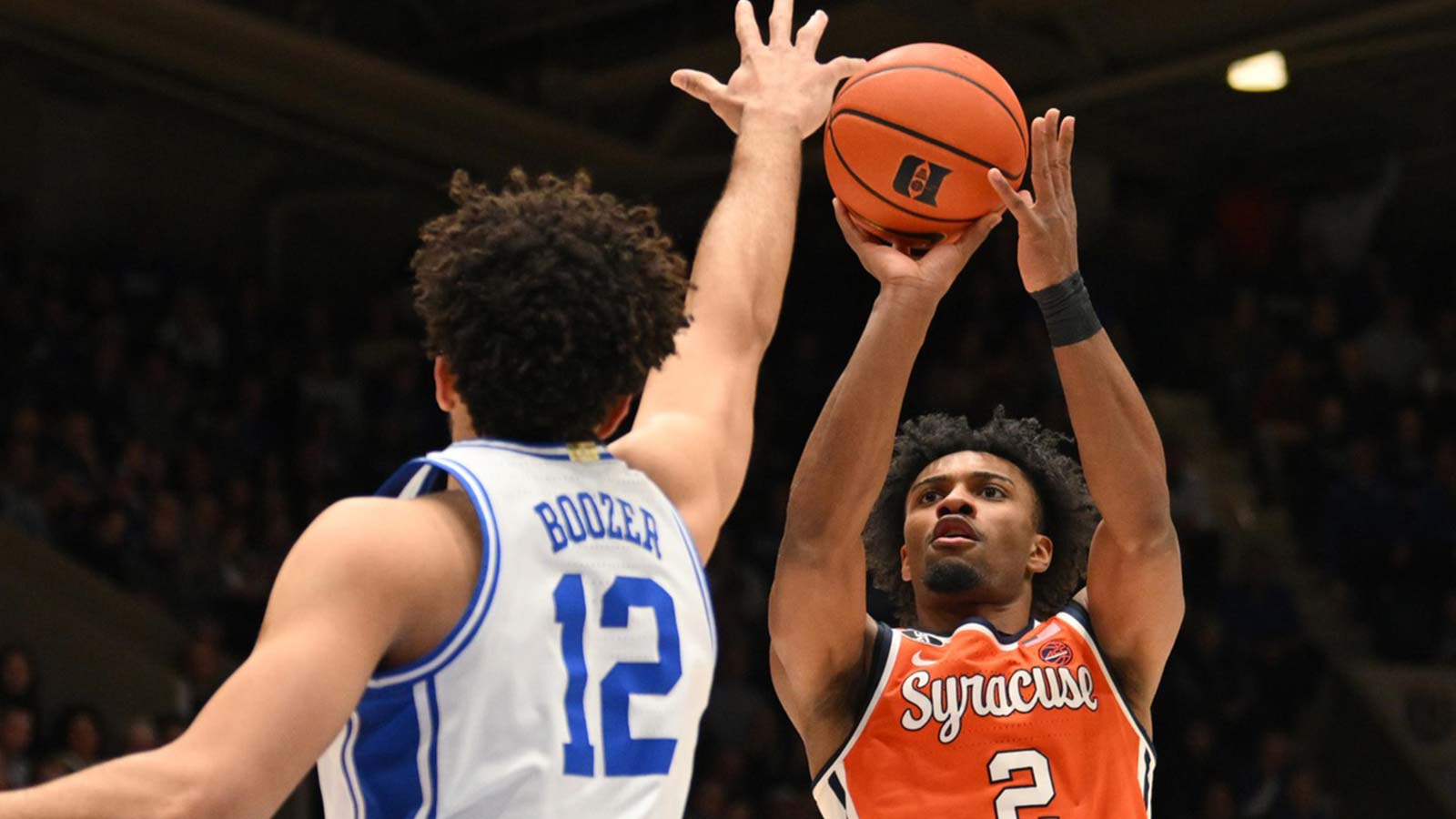 Syracuse Orange guard J.J. Starling (2) shoots the ball against Duke Blue Devils forward Cameron Boozer (12) during the during the first half at Cameron Indoor Stadium.