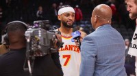 Atlanta Hawks guard Nickeil Alexander-Walker (7) does an interview after a victory over the Utah Jazz at State Farm Arena.