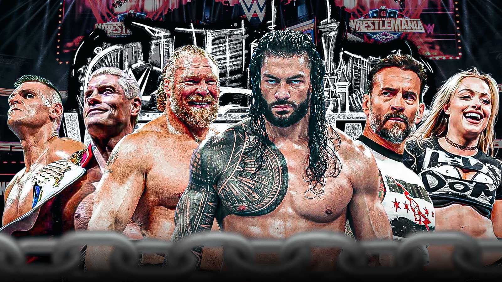 WWE Superstars Gunther, Cody Rhodes, Brock Lesnar, Roman Reigns, CM Punk, Liv Morgan, with WrestleMania 42 logo.