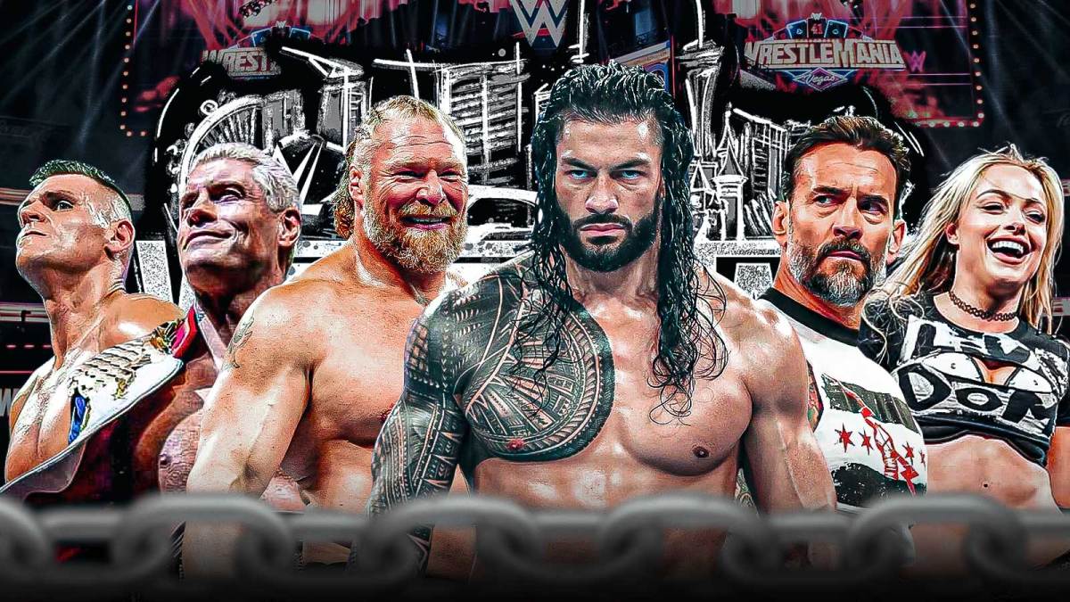 WWE Superstars Gunther, Cody Rhodes, Brock Lesnar, Roman Reigns, CM Punk, Liv Morgan, with WrestleMania 42 logo.