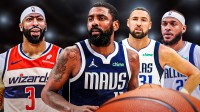 Mavericks Kyrie Irving in the middle looking serious. Anthony Davis in a Wizards jersey on left. Klay Thompson, Daniel Gafford in Mavericks jerseys on right.