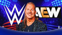 Chris Jericho in between WWE and AEW logos.