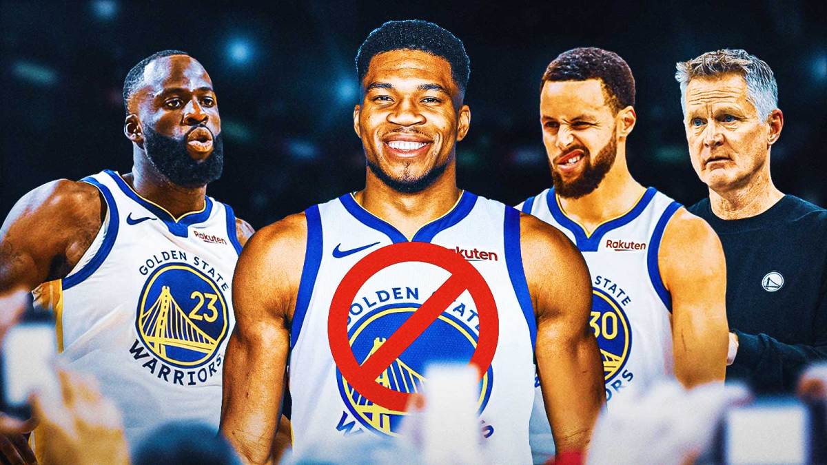 Giannis Antetokounmpo in a Warriors jersey