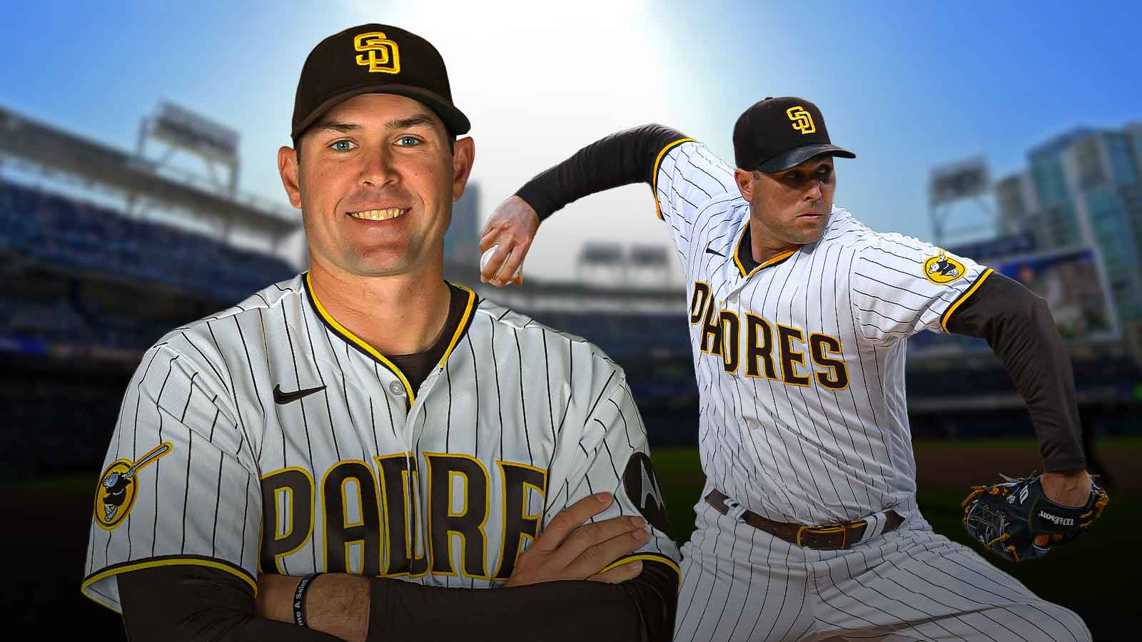 Petco Park background. Padres pitcher Craig Stammen pitching a baseball. In front on right, image of new Padres manager Craig Stammen.