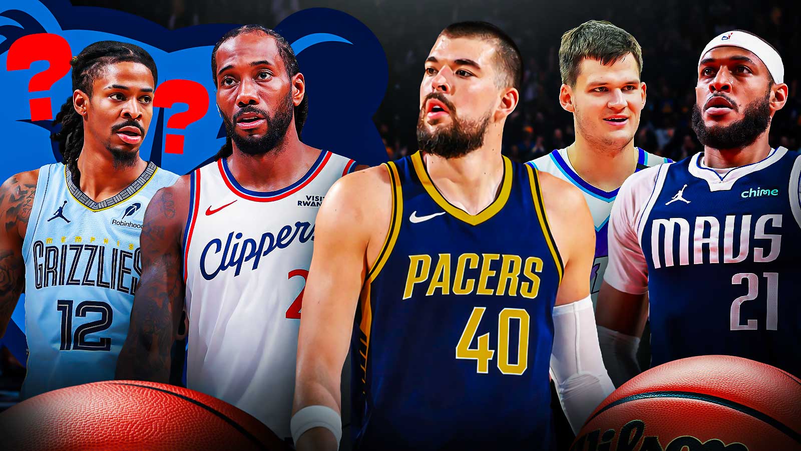 Pacers' Ivica Zubac next to Kawhi Leonard, Grizzlies' Ja Morant with question marks, and Daniel Gafford & Walker Kessler