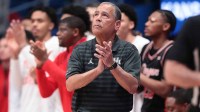 Houston Cougars head coach Kelvin Sampson applauds a play against Kansas Jayhawks during the game inside Allen Fieldhouse on Monday, Feb. 23, 2026.