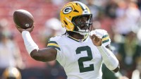 Green Bay Packers quarterback Malik Willis (2) throws the ball during warm ups before the game against the Cleveland Browns at Huntington Bank Field.