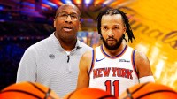 Mike Brown Knicks, Jalen Brunson Knicks with NBA Finals court and crowd behind them