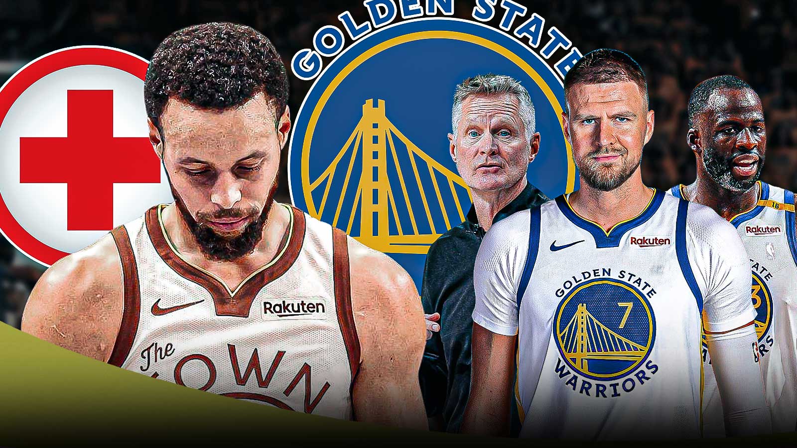 Stephen Curry injured with Steve Kerr, Draymond Green, and Kristaps Porzingis next to him.