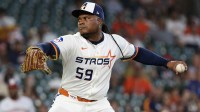 Houston Astros starting pitcher Framber Valdez (59) pitches against the Washington Nationals in the first inning at Daikin Park.