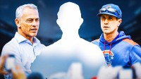 IMAGE: Blank player silhouette with question marks in center, Chicago Cubs president of baseball operations Jed Hoyer on the left side, Chicago Cubs manager Craig Counsell on the right side, Wrigley Field (home stadium of the Chicago Cubs) in the background