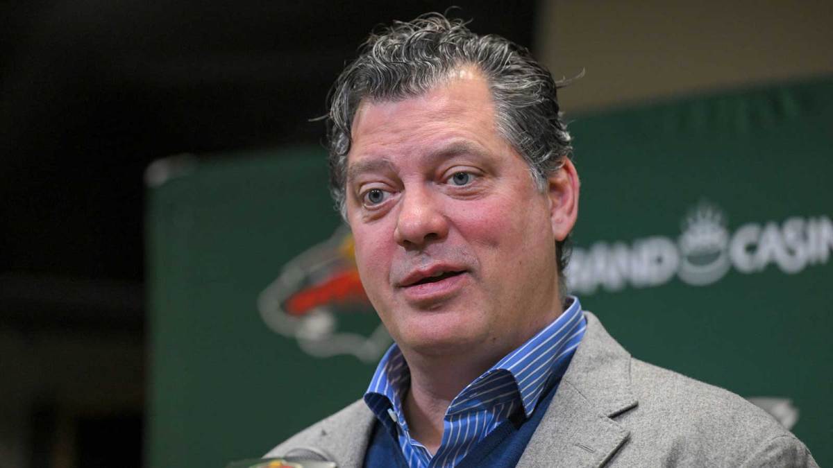 Minnesota Wild general manger Bill Guerin addresses the media about acquiring defensemen Quinn Hughes via trade from the Vancouver Canucks before a game against the Ottawa Senators at Grand Casino Arena.