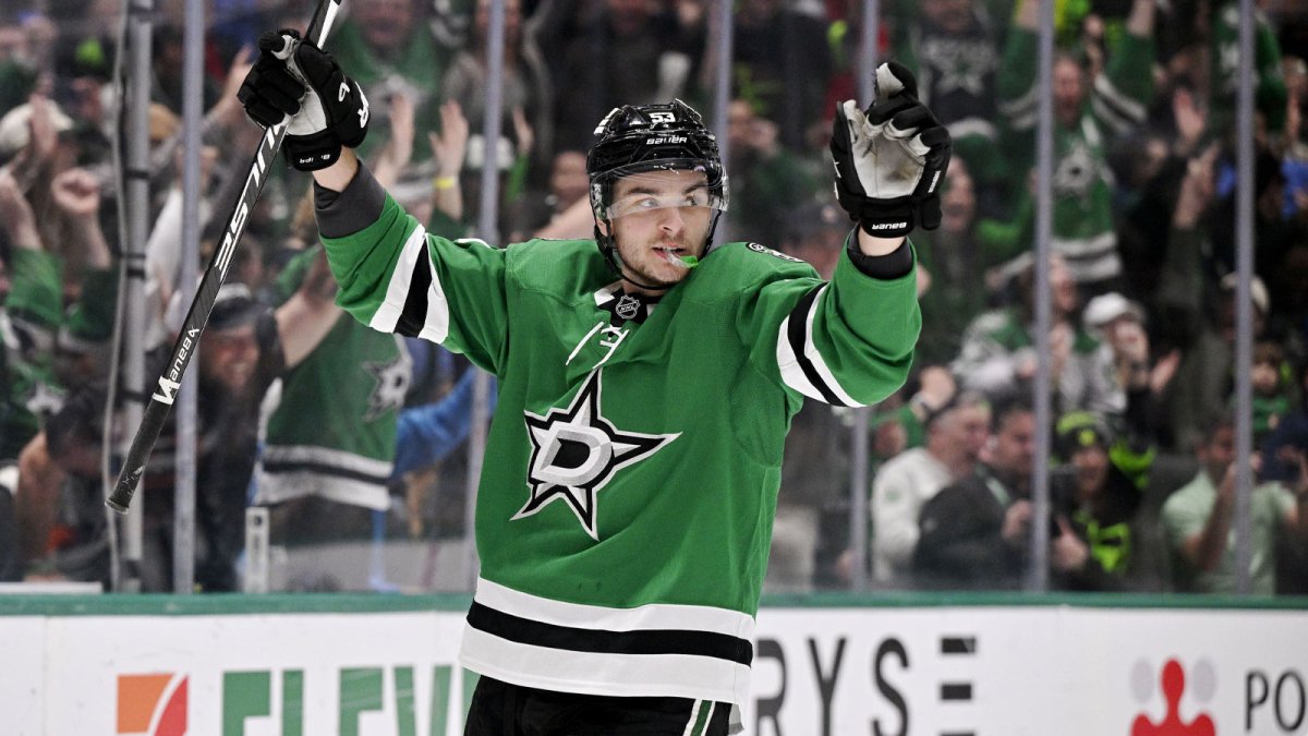 Dallas Stars center Wyatt Johnston (53) celebrates after he scores his second goal against the Seattle Kraken during the second period at the American Airlines Center.