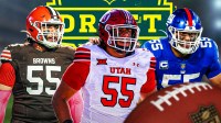 Utah G Spencer Fano (center). Spencer Fano in a #55 Cleveland Browns jersey (left) and Spencer Fano in a #55 New York Giants jersey. 2026 NFL Draft logo behind them