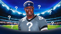 Jacksonville Jaguars RB Travis Etienne Jr. with a blank jersey that has a big question mark in the middle. He is also surrounded by question mark emojis.