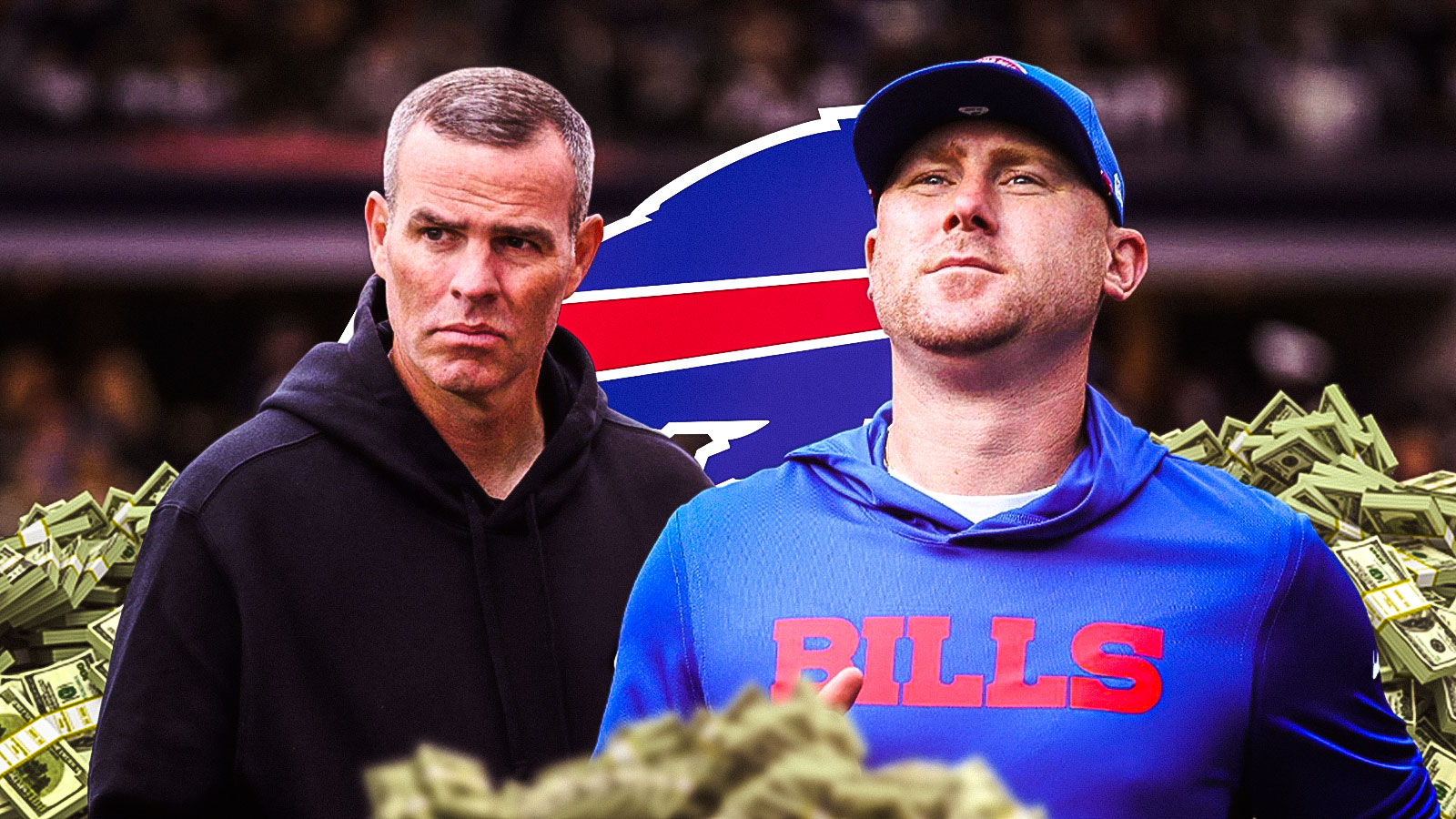 Bills GM Brandon Beane and coach Joe Brady with a Bills logo in the background and piles of money all around them.