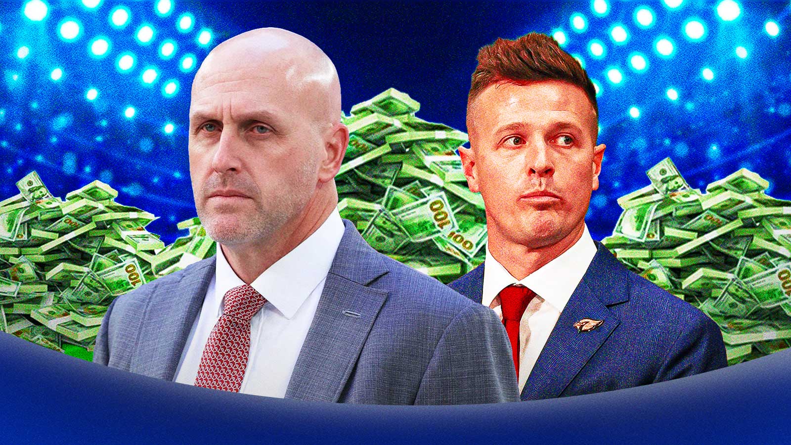 Cardinals' Monti Ossenfort and Mike LaFleur with piles of money all around them