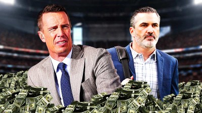 Falcons Matt Ryan and Kevin Stefanski surrounded by piles of money