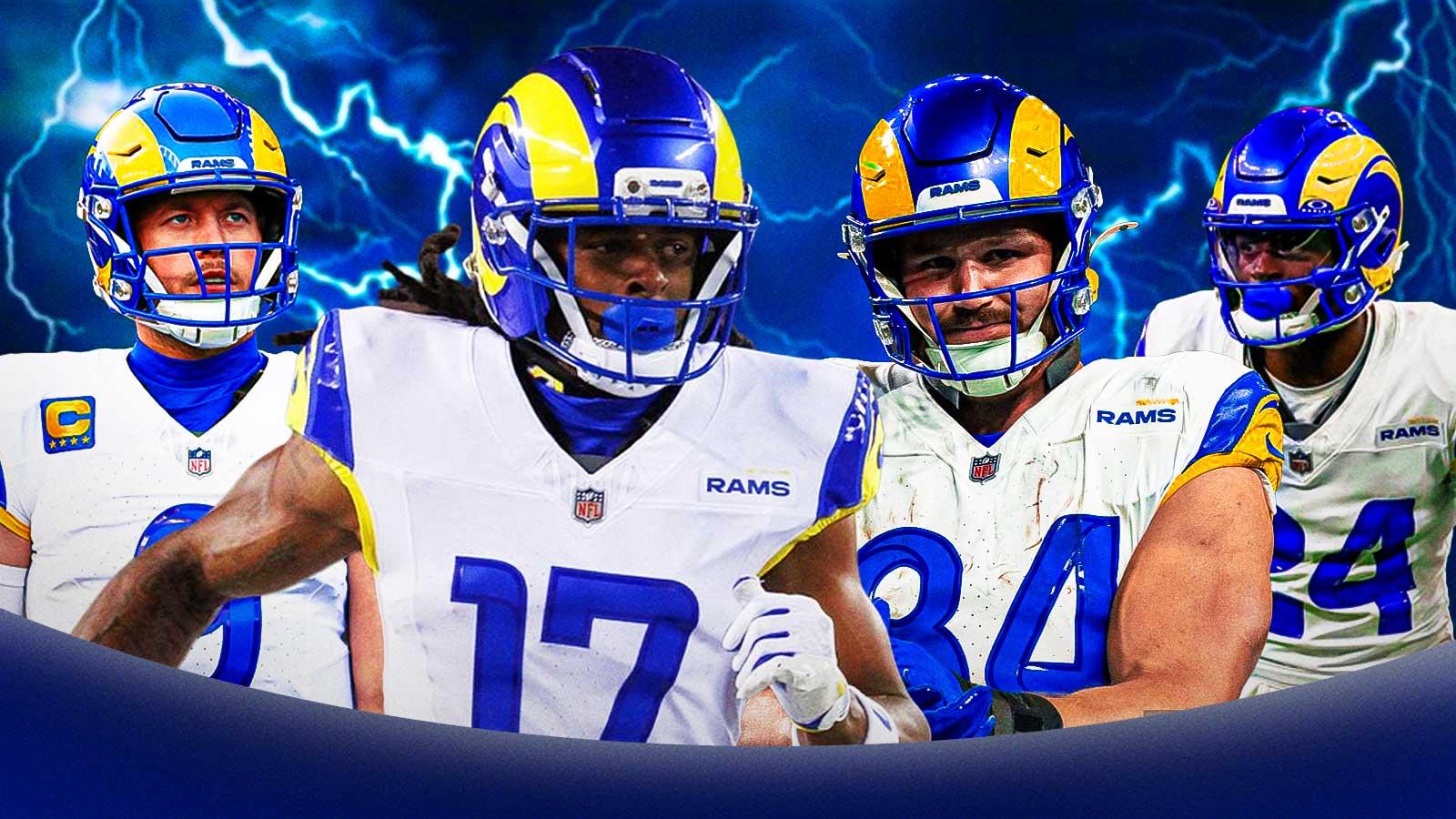 Davante Adams, Colby Parkinson, Matthew Stafford, Darious Williams all beside each other, Lightning in the background