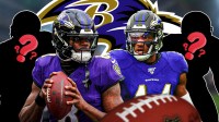 Ravens QB Lamar Jackson with CB Marlon Humphrey and two silhouettes of American football players with big question mark emojis inside. There is also a logo for the Baltimore Ravens in the background.