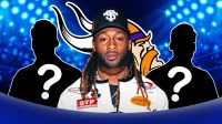 Vikings running back Aaron Jones with two silhouettes of American football players with big question mark emojis inside. There is also a logo for the Minnesota Vikings.