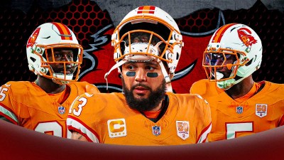 Mike Evans, Haason Reddick, Jamel Dean all beside each other in Tampa Bay Buccaneers uniforms, NFL Free Agency wallpaper in the background