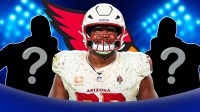 Cardinals defensive lineman Calais Campbell with two silhouettes of American football players with big question mark emojis inside. There is also a logo for the Arizona Cardinals.