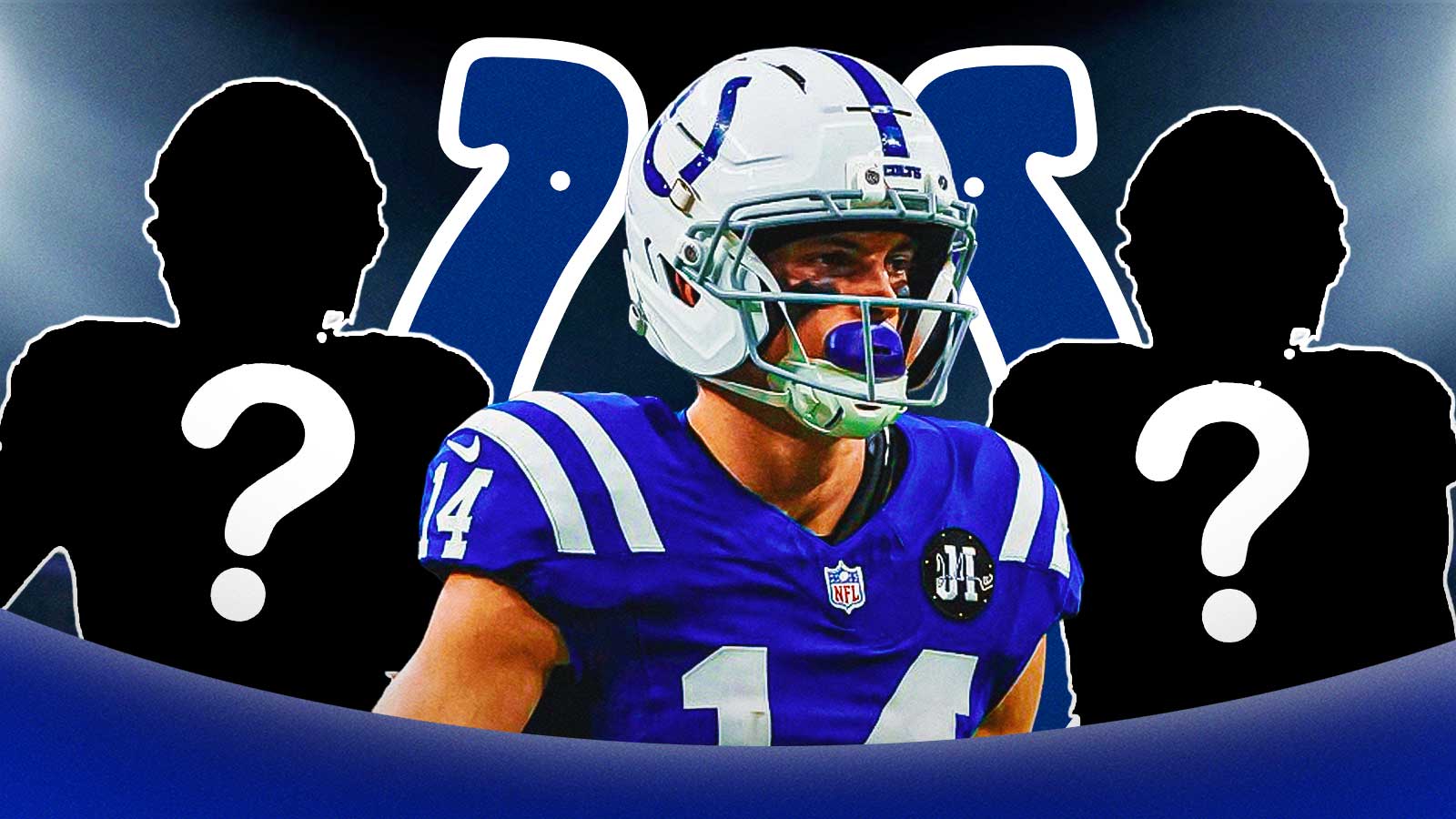 Colts WR Alec Pierce with two silhouettes of American football players with big question mark emojis inside. There is also a logo for the Indianapolis Colts.