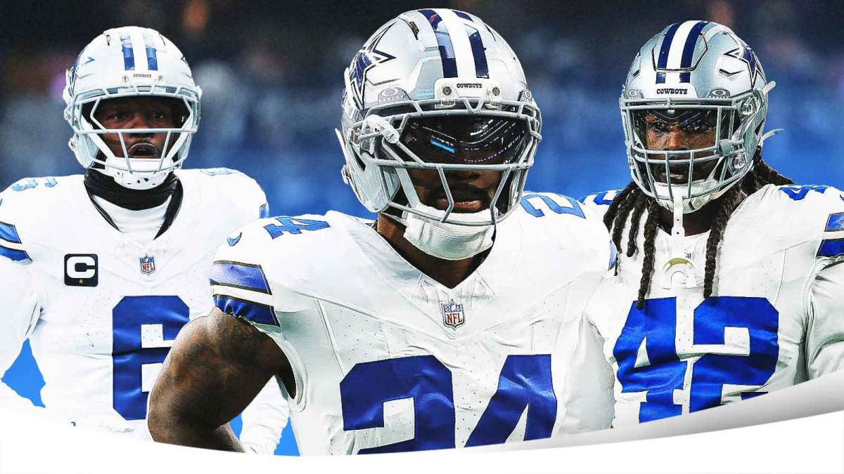 Donovan Wilson, Miles Sanders, Jadeveon Clowney all beside each other, Dallas Cowboys wallpaper in the background