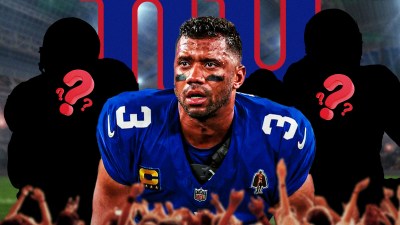 Giants QB Russell Wilson with two silhouettes of American football players with big question mark emojis inside. There is also a logo for the New York Giants.