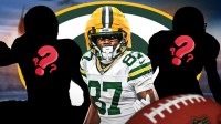 Packers WR Romeo Doubs with two silhouettes of American football players with big question mark emojis inside. There is also a logo for the Green Bay Packers.