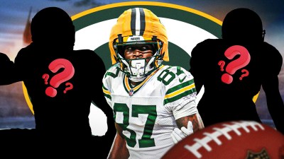 Packers WR Romeo Doubs with two silhouettes of American football players with big question mark emojis inside. There is also a logo for the Green Bay Packers.