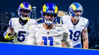 Tutu Atwell, Jimmy Garoppolo, Tyler Higbee all beside each other in Los Angeles Rams uniforms, NFL Free Agency wallpaper in the background
