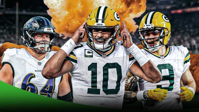 Jordan Love in the middle, Christian Watson, Tyler Linderbaum around him, Explosions in the background