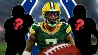 Green Bay Packers linebacker Quay Walker with two silhouettes of American football players with big question mark emojis inside. There is also a logo for the Indianapolis Colts.