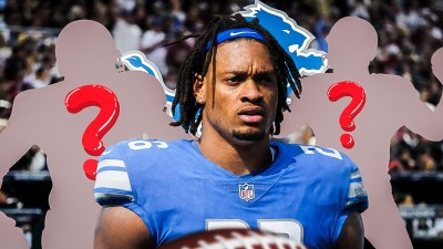 49ers EDGE Yetur-Gross Matos in a Detroit Lions jersey. He is next to two silhouettes of American football players with big question mark emojis inside. There is also a logo for the Detroit Lions.