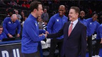 Xavier Musketeers head coach Richard Pitino is greeted by St. John's Red Storm head coach Rick Pitino at Madison Square Garden