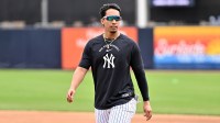 New York Yankees outfielder Oswaldo Cabrera (95) prepares for a drill during spring training at George M. Steinbrenner Field.