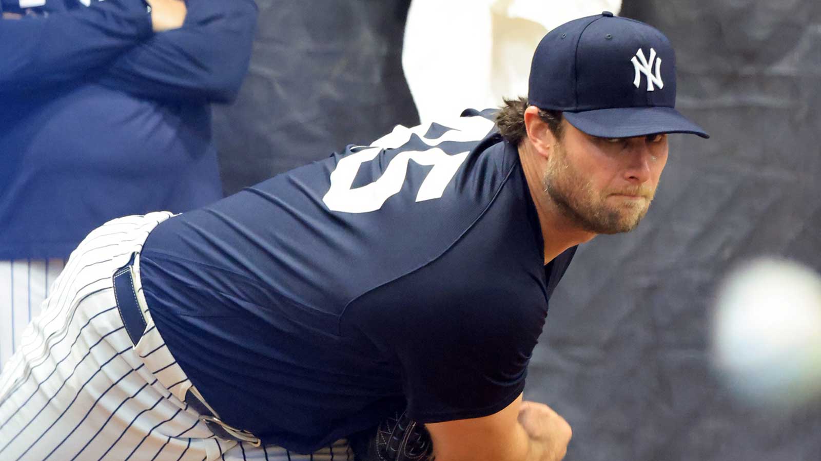 New York Yankees pitcher Gerrit Cole (45) throws a bullpen session during spring training practices at George M. Steinbrenner Field.