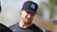 New York Yankees pitcher Gerrit Cole (45) works out during spring training workouts at George M. Steinbrenner Field.