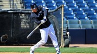 New York Yankees right fielder Aaron Judge (99) hits during live batting practice at George M. Steinbrenner Field.