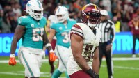 Washington Commanders linebacker Bobby Wagner (54) reacts after a play against the Miami Dolphins in the fourth quarter during the 2025 NFL Madrid Game at Santiago Bernabeu Stadium.