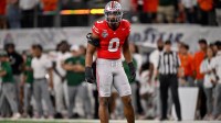 Ohio State Buckeyes linebacker Sonny Styles (0) gets into position during the 2025 Cotton Bowl and quarterfinal game of the College Football Playoff at AT&T Stadium.