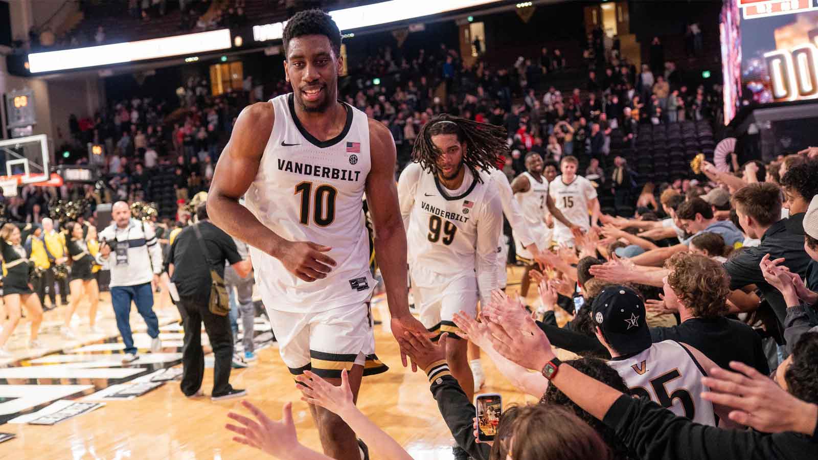 Vanderbilt forward Ak Okereke (10) celebrates defeating Georgia at Memorial Gym in Nashville, Tenn., Wednesday, Feb. 25, 2026.
