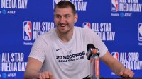 Team World center Nikola Jokic (15) of the Denver Nuggets during a news conference for the NBA All Star game at Intuit Dome.
