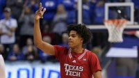 Texas Tech Red Raiders guard Christian Anderson (4) reacts to a made three point shot during the second half against the BYU Cougars at Marriott Center.