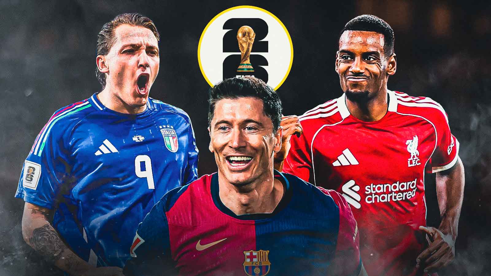 2026 World Cup logo (background) Mateo Retigui (Italy jersey) Robert Lewandowski (Barcelona jersey) Alexander Isak (Liverpool jersey)