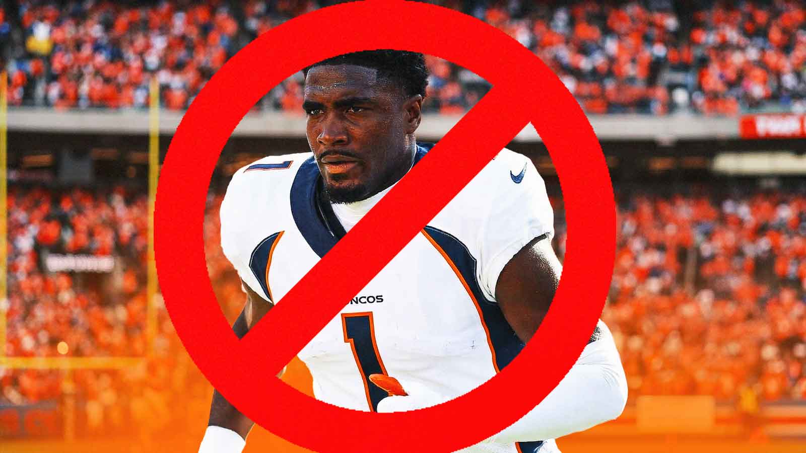 Rachaad White photoshopped in a Broncos jersey with a big red no circle around him. Money around the graphic.