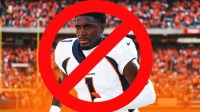 Rachaad White photoshopped in a Broncos jersey with a big red no circle around him. Money around the graphic.